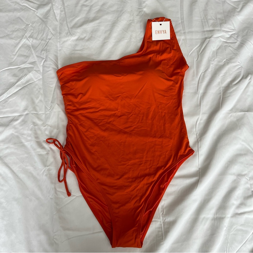Envya NWT One Shoulder Orange Swimsuit Side Tie Built In Bra Women’s XL